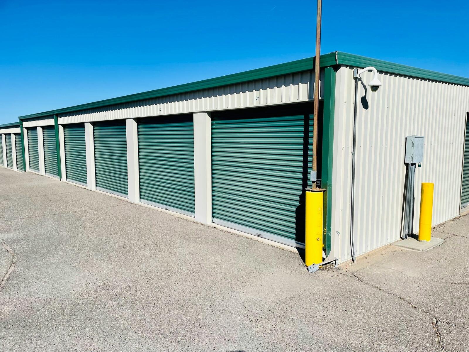 Row of clean, secure self storage units at Herk's Hangar Self Storage in Dayton, Ohio